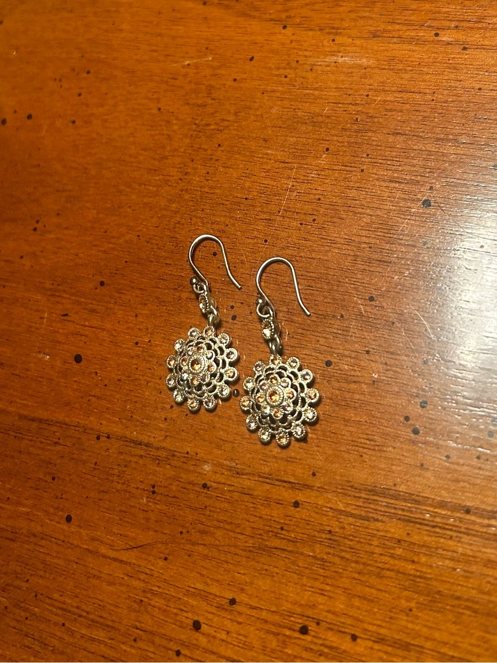 Liz Claiborne Vintage Sterling Silver and Amber Filigree Flower Drop Earrings